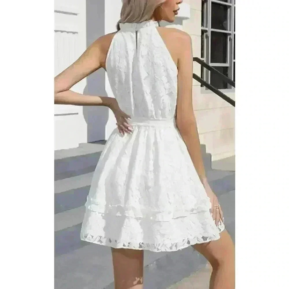 Ruffle Lace Frilled Neck Empire Waist Mini Dress White NWT Size L - Picture 2 of 12